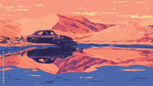 A stylized illustration depicting a desert landscape with a car and its reflection in a calm body of water. The color palette is predominantly warm tones of orange, pink, and purple, with cooler