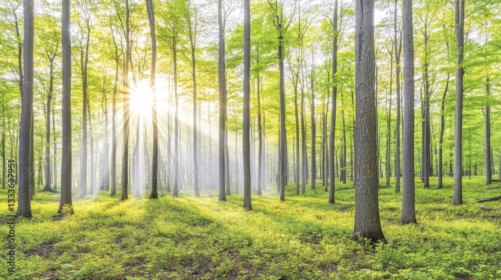 Obraz premium Sunlit forest, spring morning, trees, mist