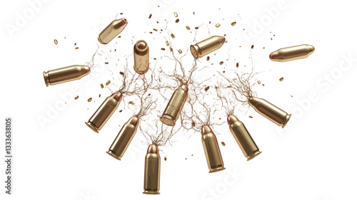 High-angle, close-up shot of numerous gold-colored bullet casings scattered against a pure white background.  The casings appear to be arranged in a burst or explosion pattern, interspersed with
