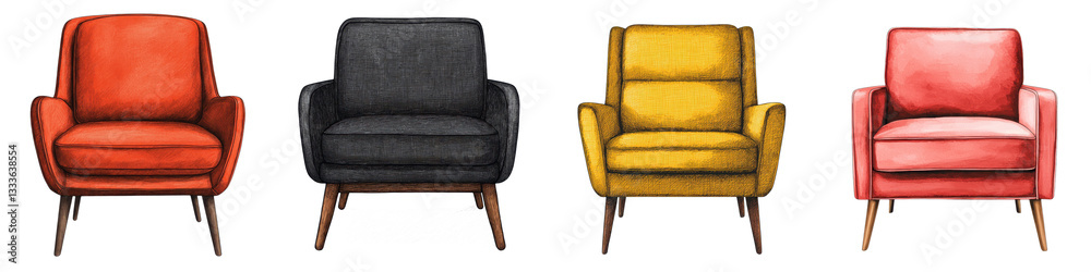 This image showcases a diverse range of modern stylish and comfortable armchairs sofas and chairs in various colors textures This image showcases a diverse range of modern stylish and comfortable armchairs sofas and chairs in various colors textures