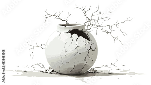 A high-contrast monochrome illustration or fine art piece depicting a spherical white vase extensively cracked with a network of fissures.  The vase is seemingly made of ceramic or pottery.  From