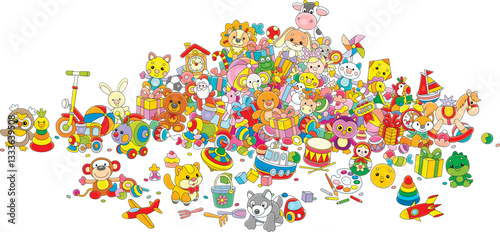 Wallpaper Mural Large heap of colorful gifts, funny toys and sweets for little children, vector cartoon illustration isolated on a white background Torontodigital.ca