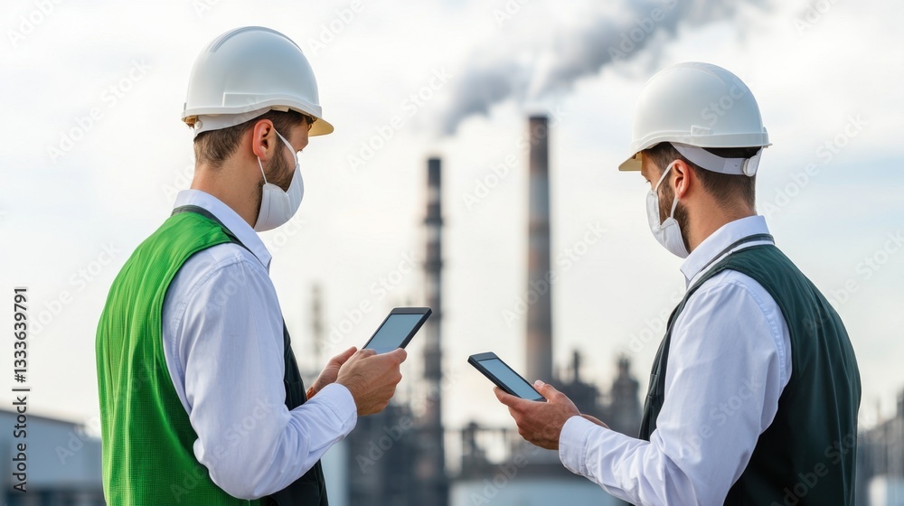 Inspection Environmental Impact Concept, Environmental Inspectors Using Handheld Devices at Industry Site to Ensure Compliance and Safety Standards Inspection Environmental Impact Concept, Environmental Inspectors Using Handheld Devices at Industry Site to Ensure Compliance and Safety Standards
