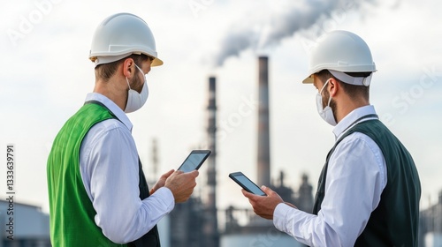 Inspection Environmental Impact Concept, Environmental Inspectors Using Handheld Devices at Industry Site to Ensure Compliance and Safety Standards