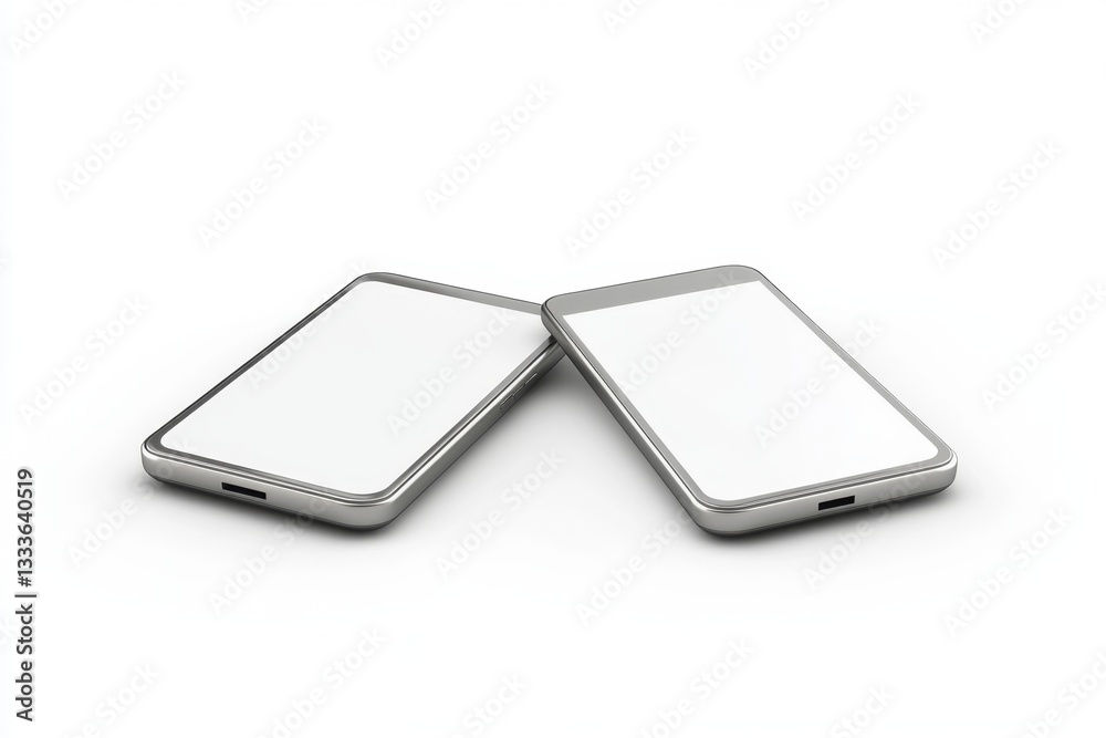 Two modern smartphones resting side by side, showcasing blank screens against a white background. Sleek, silver-colored metallic design Two modern smartphones resting side by side, showcasing blank screens against a white background. Sleek, silver-colored metallic design
