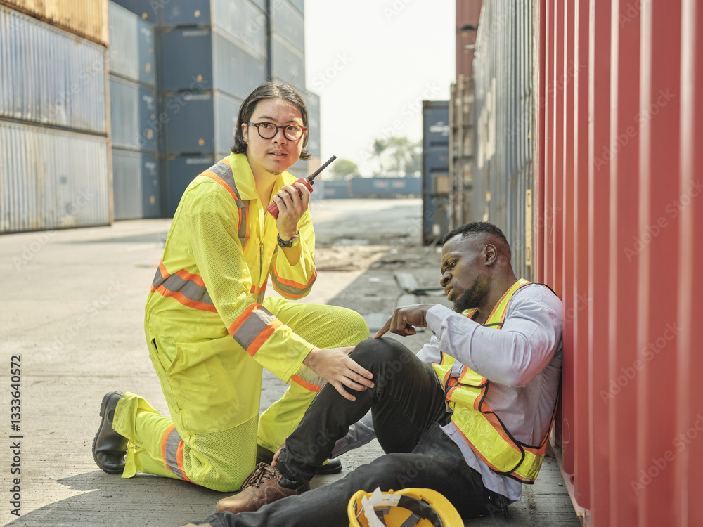 African-American male engineer injured in accident while working on unloading containers. Safety team helps him out of accident. First aid and safety training concept.