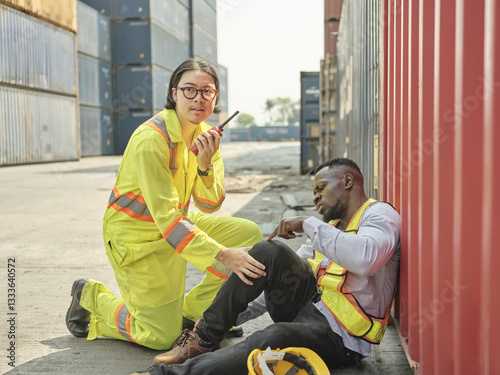 African-American male engineer injured in accident while working on unloading containers. Safety team helps him out of accident. First aid and safety training concept.