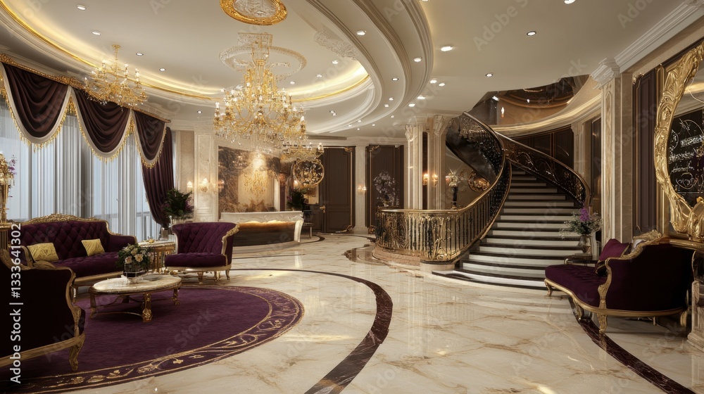 Obraz premium Grandiose historical hotel lobby with vintage chandeliers, antique furniture, and marble floors