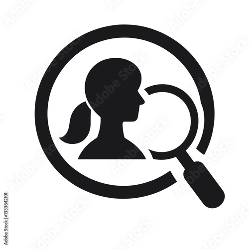 Magnifying glass icon focusing on female silhouette for identity and character exploration concept on a transparent background