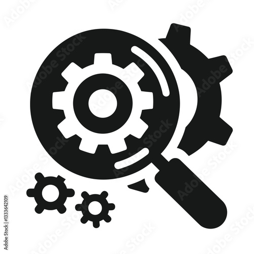 Magnifying glass icon focusing on gears for mechanics and engineering analysis concept on a transparent background