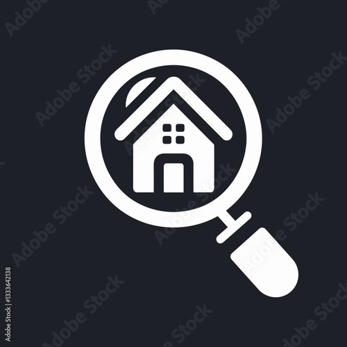 Magnifying glass icon for exploring the house symbol for real estate search and real estate research concept on a black background