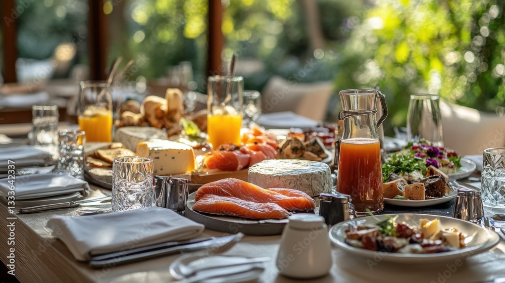 High-end hotel breakfast with a selection of cheeses, smoked salmon, and fresh juice on a beautifully set table. High-end hotel breakfast with a selection of cheeses, smoked salmon, and fresh juice on a beautifully set table.
