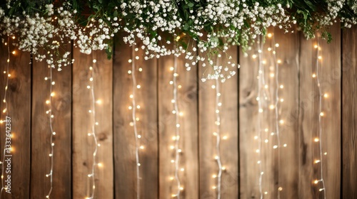 Rustic Wooden Background with Fairy Lights and Flowers