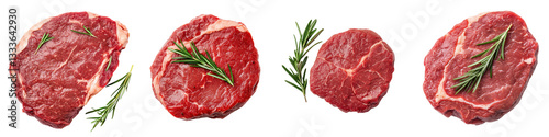 Assortment of fresh raw beef steaks with sprigs of rosemary showcasing the natural marbling and texture of premium meat cuts