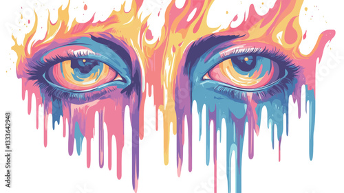 Close-up digital illustration of a pair of eyes. The eyes are rendered in a stylized manner, with vibrant, unnatural colors.  Flames or fire-like elements surround the eyes.  Below the eyes,