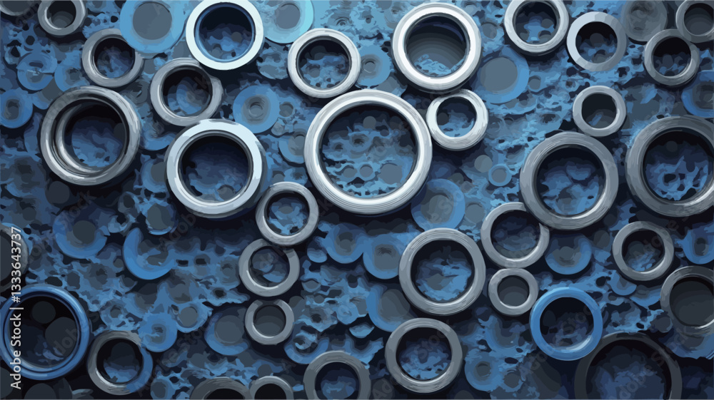The image presents a digital rendering of an abstract background composed of numerous metallic rings of varying sizes. The rings are primarily silver/gray with a subtle highlight suggesting a The image presents a digital rendering of an abstract background composed of numerous metallic rings of varying sizes. The rings are primarily silver/gray with a subtle highlight suggesting a