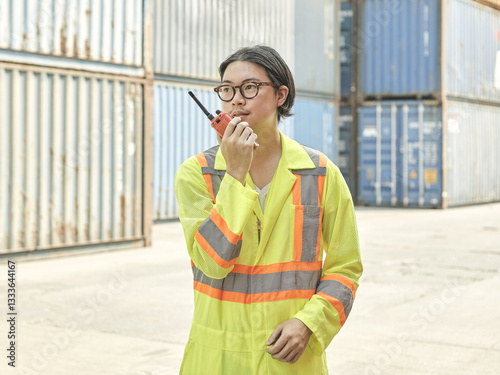 construction worker wearing a safety vest and hard hat talking on a walkie-talkie. while standing in a construction site surrounded by shipping containers.