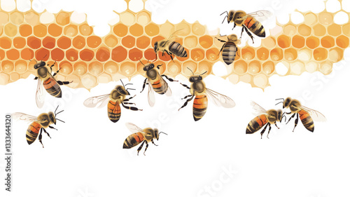 The image shows multiple honeybees in flight around a section of honeycomb. The honeycomb is depicted in shades of golden yellow and orange, with distinct hexagonal cells. The bees are highly