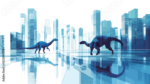 The image is a digital illustration depicting two dinosaurs, rendered in a monochrome blue palette, walking in a futuristic city. The city is represented by stylized, high-rise buildings, also in