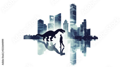 The image is a stylized vector graphic illustration.  It depicts a stylized cityscape reflected in water or a similar surface.  Silhouettes of a dinosaur and a human figure are superimposed,