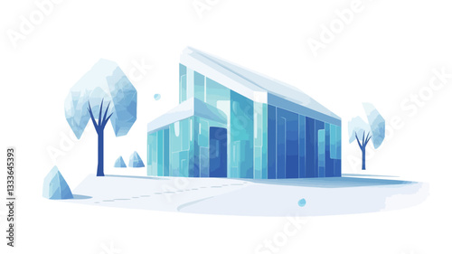 Digital illustration of a house rendered in a low-polygonal style. The house is depicted as primarily light blue and transparent, suggesting ice or glass.  It is situated in a snowy landscape with