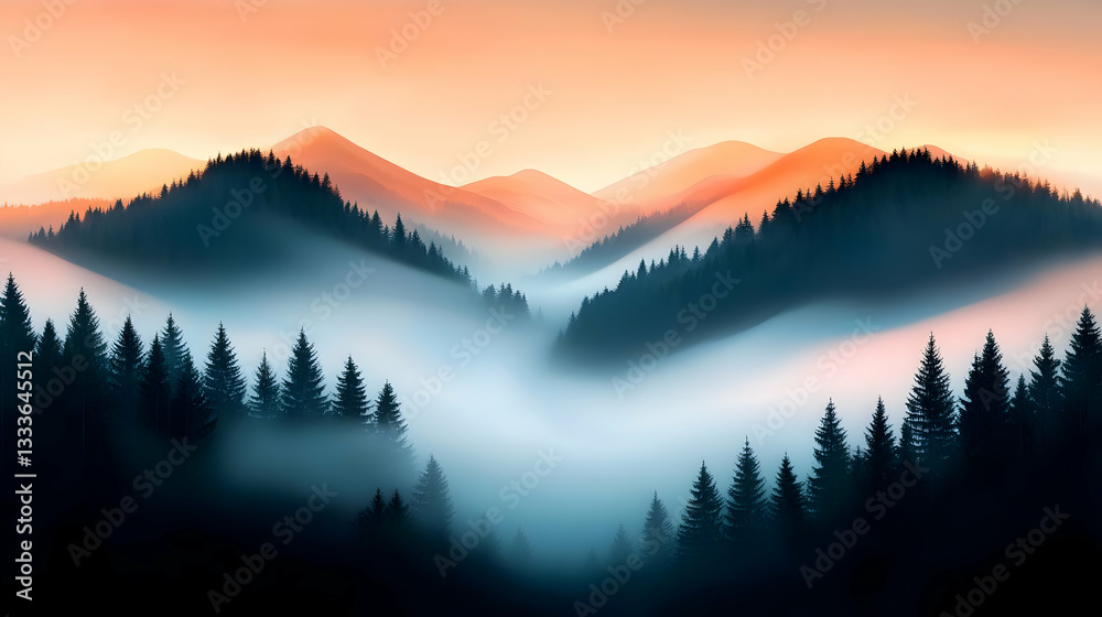 Obraz premium Misty Mountain Forest at Sunrise with Golden Light