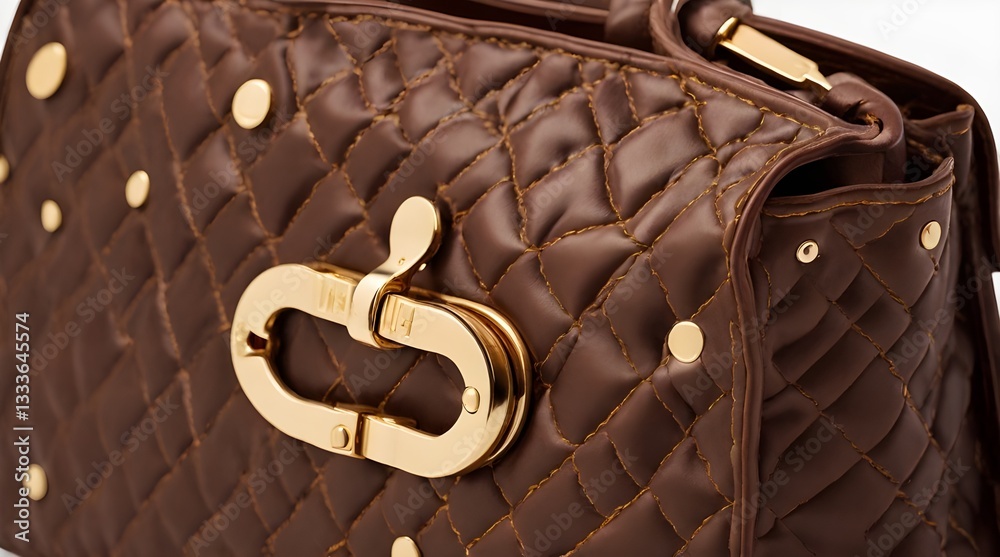 Brown quilted leather bag showing stitching and golden closure.generative.ai