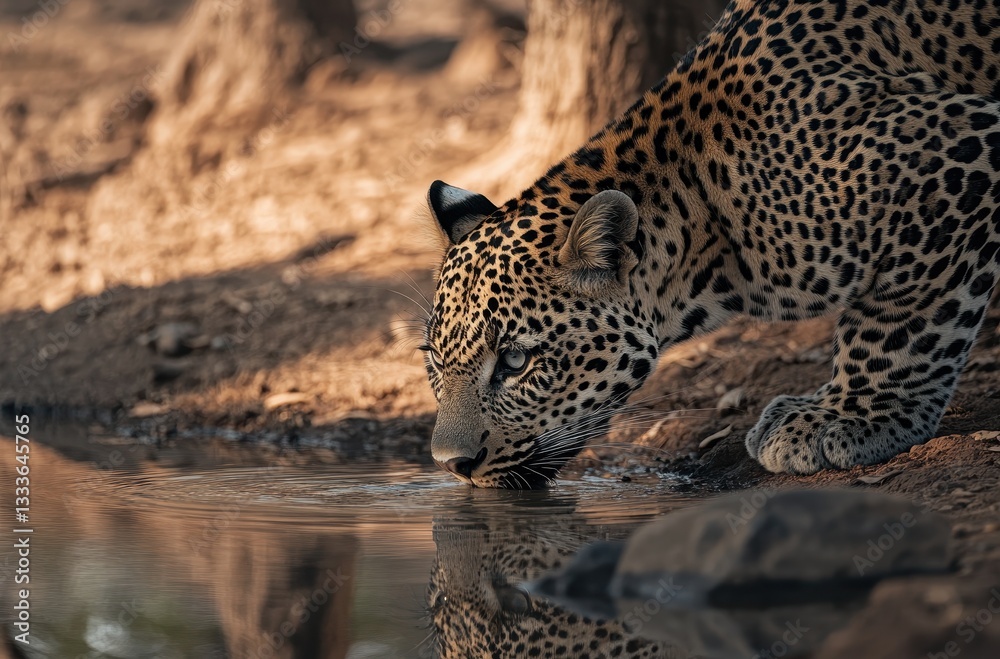 Fototapeta premium A Majestic Leopard Drinking Water at Dawn Amidst a Serene Natural Landscape, Showcasing Beautiful Spots and Intense Focus on Its Surroundings