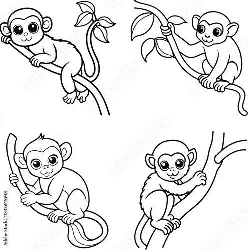 Cute and Funny Cartoon monkey Set line art coloring page 
