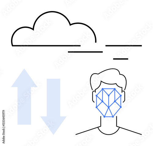 Cloud and arrows depict data transfer, with geometric facial recognition. Ideal for AI, cloud computing, data processing, biometrics, connectivity, identity security technology innovation. Flat