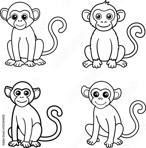 Cute and Funny Cartoon monkey Set line art coloring page 
