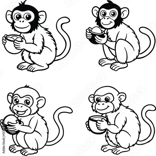 Cute and Funny Cartoon monkey Set line art coloring page 
