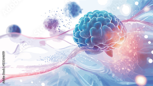 A detailed 3D rendering of a brain cell, showcasing its intricate structure and connections.  The image is predominantly in cool tones of blue and white, with hints of pink and warmer colors near