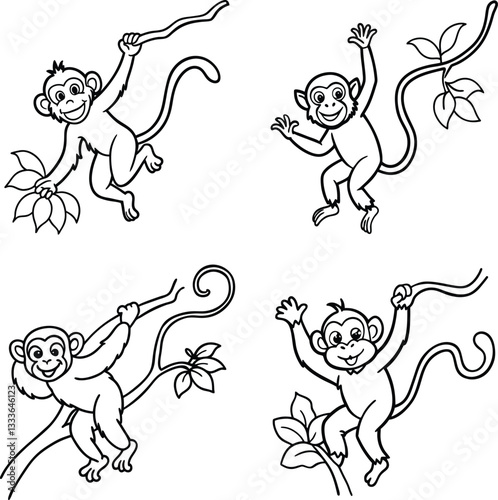 Cute and Funny Cartoon monkey Set line art coloring page 
