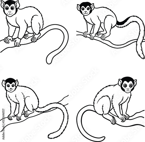 Cute and Funny Cartoon monkey Set line art coloring page 
