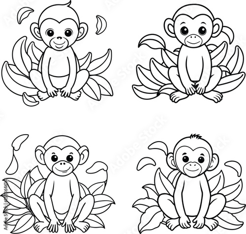 Cute and Funny Cartoon monkey Set line art coloring page 
