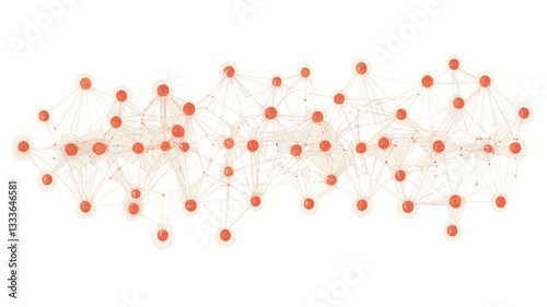 The image displays an abstract network visualization.  It features numerous small, interconnected orange-red nodes linked by thin, light-colored lines on a white background. The nodes are unevenly