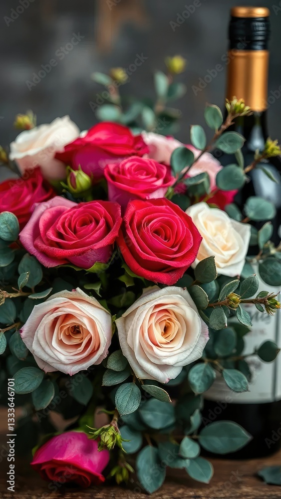 Obraz premium A bouquet of fresh roses and eucalyptus placed near a wine bottle, natural, luxury, refinement