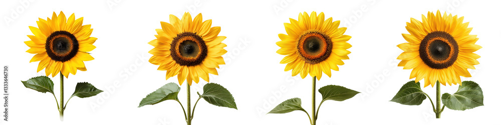 Naklejka premium A group of vibrant yellow sunflowers with lush green foliage blooming in a natural outdoor setting
