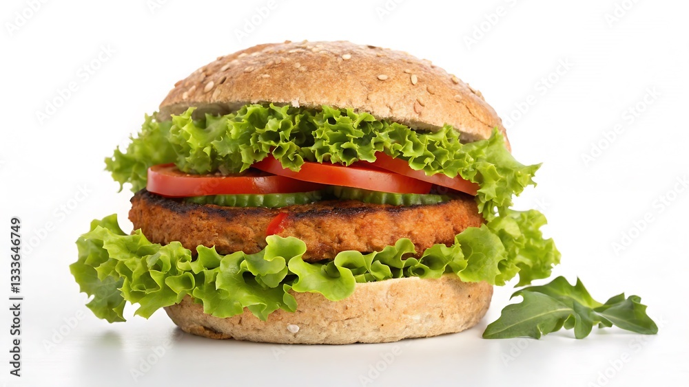 Vegan Plant-Based Burger with Lettuce, Tomato, and Whole Grain Bun, Isolated on a White Background, High-Quality Alternative Food Stock Image showcasing a healthy meat-free alternative. Vegan Plant-Based Burger with Lettuce, Tomato, and Whole Grain Bun, Isolated on a White Background, High-Quality Alternative Food Stock Image showcasing a healthy meat-free alternative.