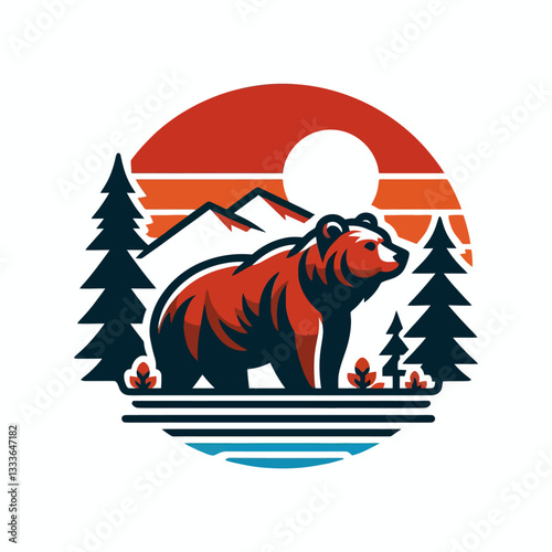 Ilustracja niedźwiedzia w naturze, symbolu siły, w stylu colourful vector graphic art na przezroczystym, izolowanym tle clipart w formacie wektorowym, żywa i potężna.