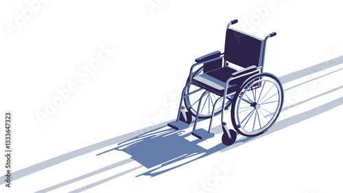 Isometric illustration of a wheelchair on a ramp. The wheelchair is depicted in shades of blue and black against a white background. The ramp is rendered with subtle shading to indicate a