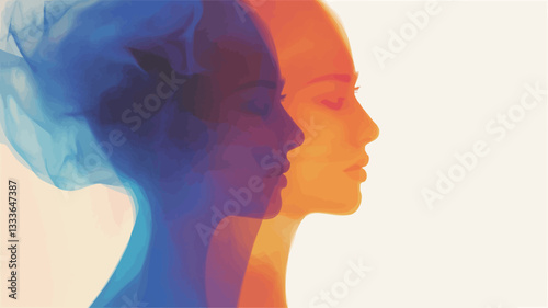 The image presents a double exposure portrait of two faces in profile. One face is rendered in shades of blue, while the other is in shades of orange. The colors are vibrant and contrasting. The