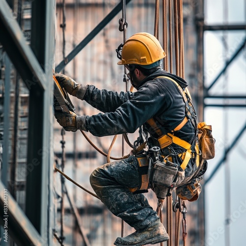 A concept image of construction safety with a worker in full PPE working at a great height