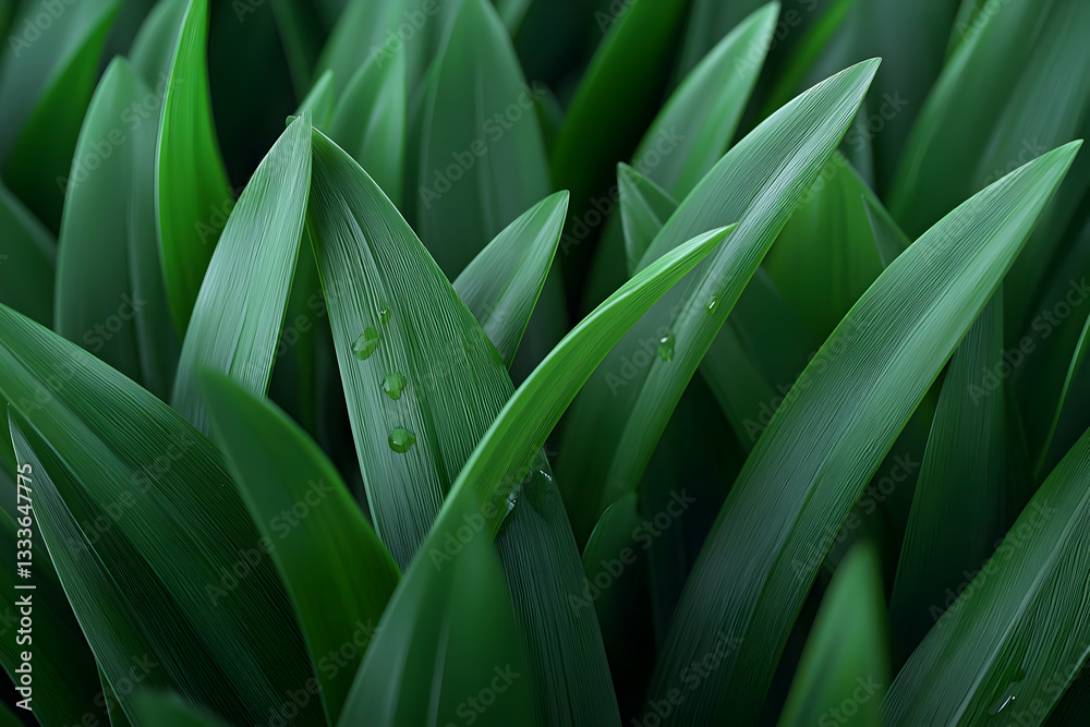 Obraz premium Closeup of Dew Covered Green Grass Blades in Sunlight