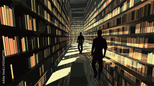 The image depicts a long corridor lined with floor-to-ceiling bookshelves filled with numerous books. Two dark silhouettes of human figures are visible walking down the center of the corridor. The