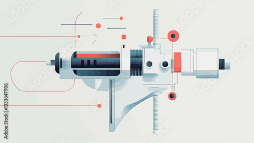 The image is a stylized vector illustration of an abstract mechanical device. The device is rendered in shades of red, white, and grey, with clean lines and minimalist detailing.  It features