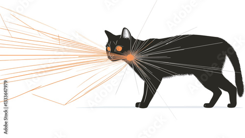A stylized illustration of a black cat in profile view.  The cat is depicted in a dark silhouette, with bright orange energy beams emanating from its eyes and chest area. The beams are thin and
