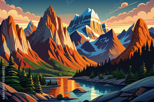 alp mountain landscape with river and trees abstract cartoon