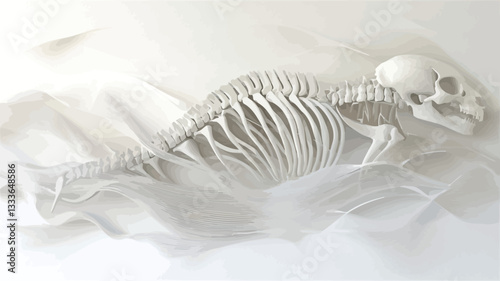 High-angle, close-up view of a small, white, sculpted skeleton resembling a reptile or lizard. The skeleton is positioned on a backdrop of white fabric that is softly draped and folded.  The